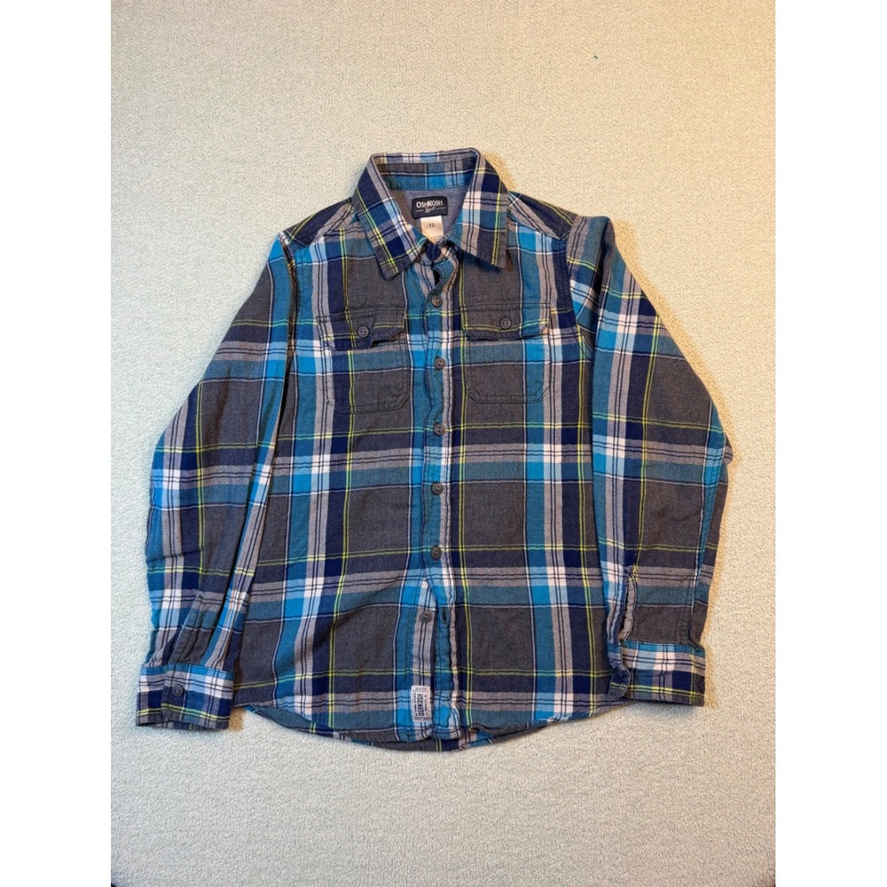 OshKosh Bgosh Boys Blue Grey Plaid Flannel Button Down Shirt Size 12